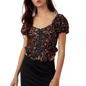 FREE PEOPLE Oh Baby Boho Bohemian Crop Short Sleeve Floral Blouse SZ Small NEW